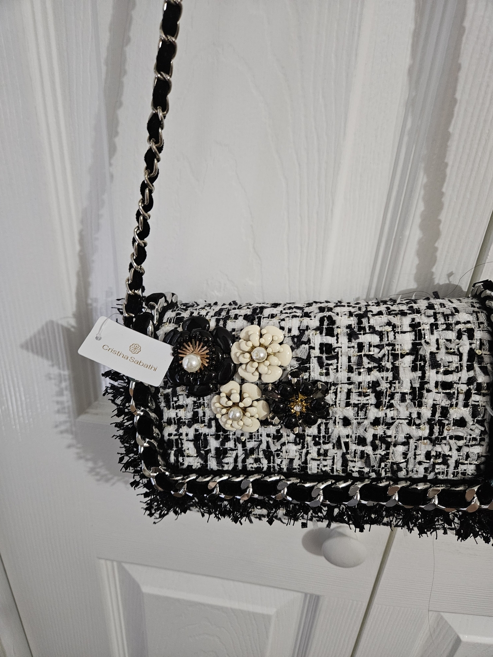Cristina Sabatini Black & White Tweed Chain-Strap Shoulder Bag